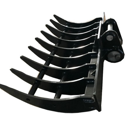 Black / Green Steel Brush Rake Excavator Attachment Sharp Tines Heavy Duty Construction
